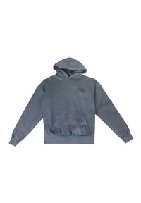 Grauer Pullover-Hoodie aus weichem Stoff, mit einer Kängurutasche vorne, gerippten Bündchen und einem kleinen Logo auf der Brust.