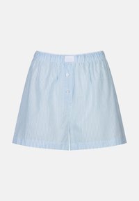 Lichtblauwe gestreepte shorts met een elastische tailleband, voorzien van een knoopsluiting en omgeslagen zoom. Gemaakt van zachte, lichtgewicht stof.