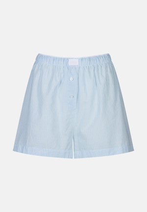 Lichtblauwe gestreepte shorts met een elastische tailleband, voorzien van een knoopsluiting en omgeslagen zoom. Gemaakt van zachte, lichtgewicht stof.