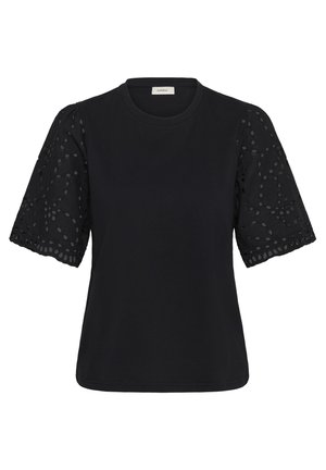 Haut noir à manches courtes avec encolure ronde et manches bouffantes transparentes brodées comportant des motifs floraux ajourés.