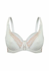 Biały i jasnoróżowy stanik z koronkową aplikacją, falbaniastymi brzegami, wsparciem w postaci fiszbin oraz małym złotym pierścionkiem na środku. Regulowane ramiączka.