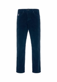 Pantaloni in corduroy blu navy con gamba dritta, dotati di chiusura anteriore con bottone e cinque tasche, incluso un piccolo etichetta di marca sulla parte anteriore.