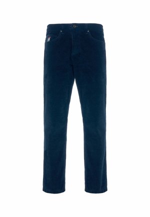Pantaloni in corduroy blu navy con gamba dritta, dotati di chiusura anteriore con bottone e cinque tasche, incluso un piccolo etichetta di marca sulla parte anteriore.