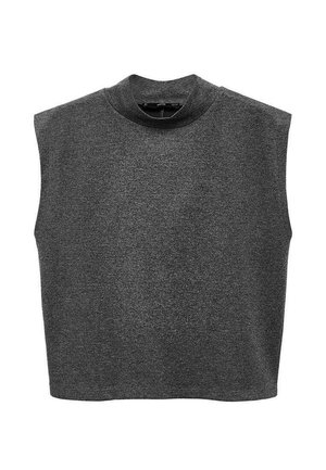 Haut sans manches gris avec un col haut, fabriqué en tissu doux. Présente une coupe ample et un design simple et épuré.