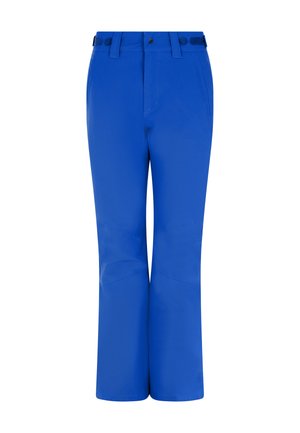 Helle blaue Skihosen mit geradem Bein, flachem Bund, sichtbaren Nähten und Gürtelschlaufen. Wasserabweisendes Material.