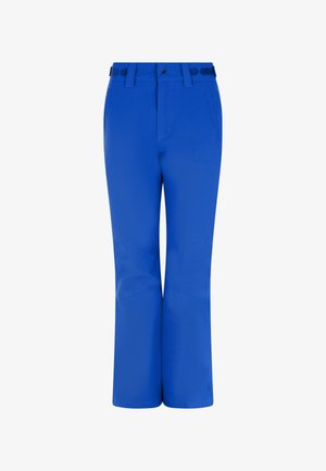 Helle blaue Skihosen mit geradem Bein, flachem Bund, sichtbaren Nähten und Gürtelschlaufen. Wasserabweisendes Material.