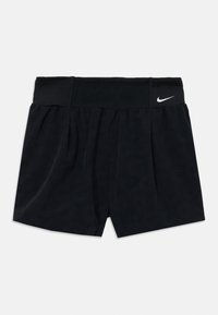 Calções atléticos pretos com design plissado, cintura elástica e pequeno logótipo branco da Nike na parte da frente. Feitos de material leve e respirável.
