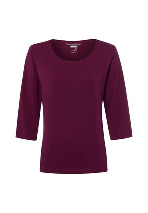 Einfaches langärmeliges violettes Shirt mit rundem Halsausschnitt und normaler Passform, Größe klein, dargestellt vor weißem Hintergrund.