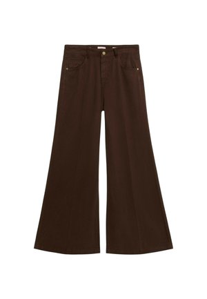 Braune weit geschnittene Hosen aus Denim, mit einem Knopfverschluss, zwei vorderen Taschen und einem glatten Saum. Sanfte Textur mit minimalen Nähten.