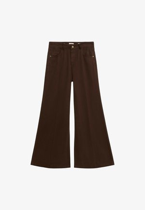 Braune weit geschnittene Hosen aus Denim, mit einem Knopfverschluss, zwei vorderen Taschen und einem glatten Saum. Sanfte Textur mit minimalen Nähten.