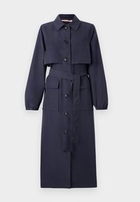 Trench coat blu navy con colletto, top corto, maniche lunghe, chiusura frontale con bottoni, cinturino in vita e due tasche laterali. Tessuto morbido.