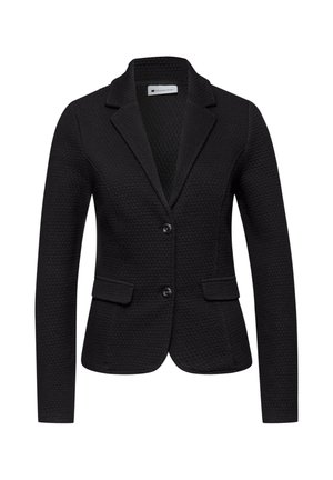 Blazer texturé noir pour femme avec revers crantés, deux poches à rabat à l'avant et deux boutons sur le devant.