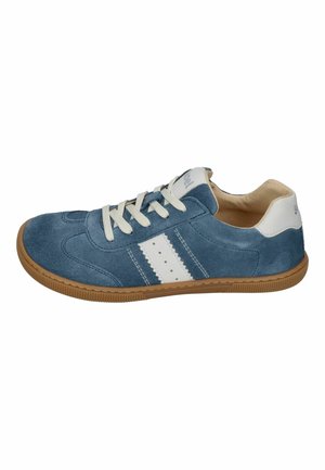 Blue suede sneaker with white laces, two white zigzag stripes on the side, gum sole, and white heel and tongue accents.