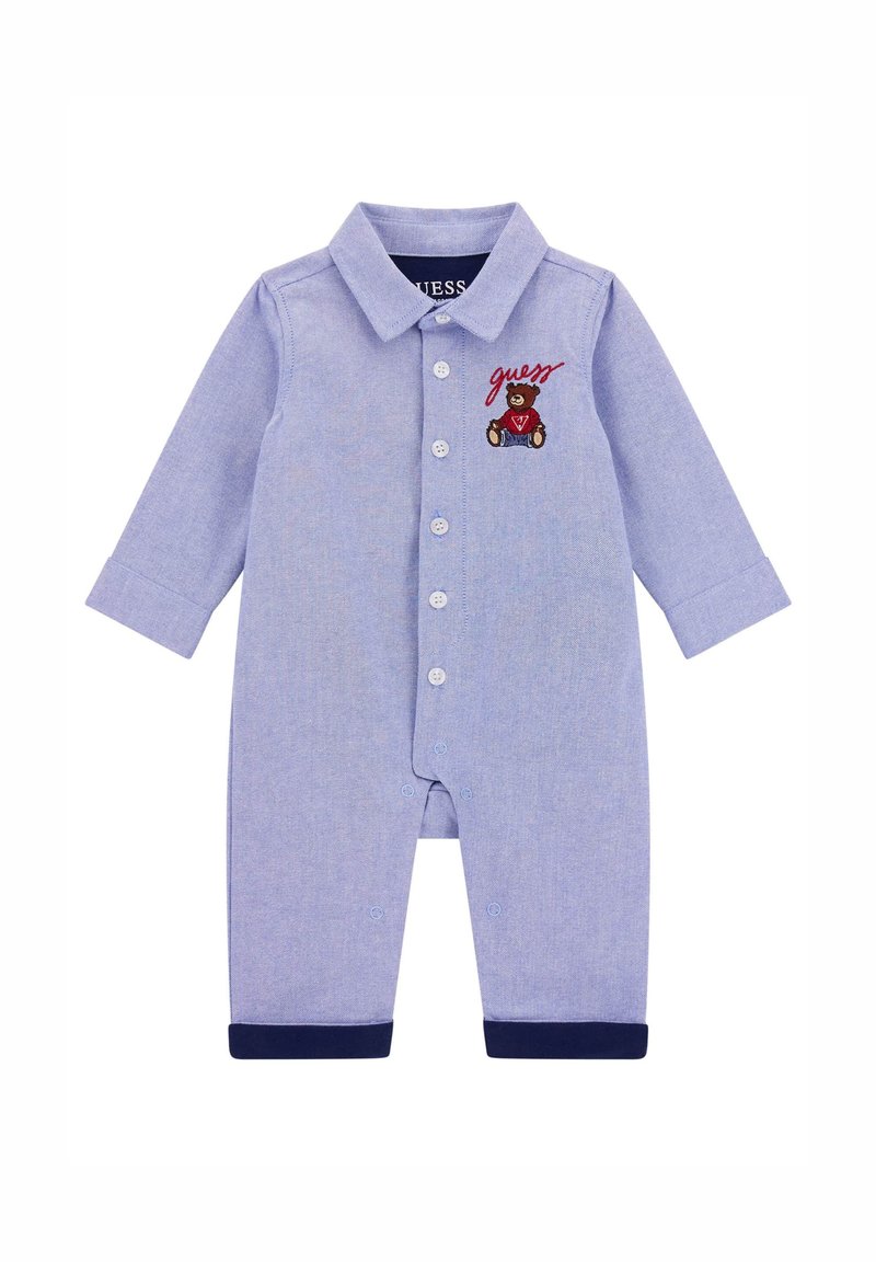 Romper per neonati azzurro chiaro con maniche lunghe, colletto e design di orsetto ricamato. Presenta una chiusura con bottoni e polsini blu scuro. Tessuto morbido.