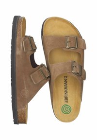 Braune Wildledersandalen mit zwei verstellbaren Schnallenriemen, konturiertem Korkfußbett und einer strukturierten schwarzen Gummisohle. Größe 42.