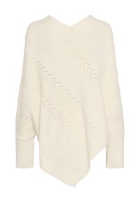 Off-white stickad poncho med V-hals, som har diagonala linjer och detaljer i chevronmönster över ytan. Mjuk textur och vida ärmar.