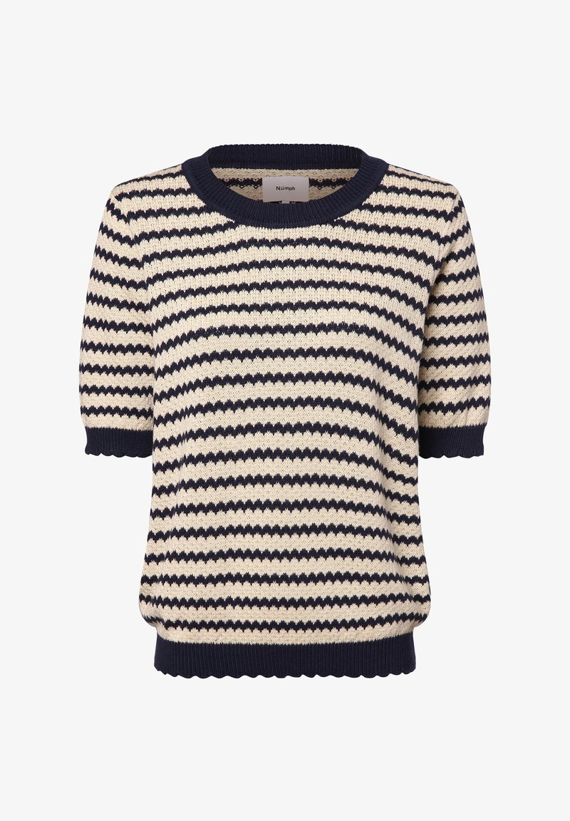 Pull en maille à manches courtes avec rayures horizontales en zigzag bleu marine et blanc, poignets, col et ourlet côtelés.