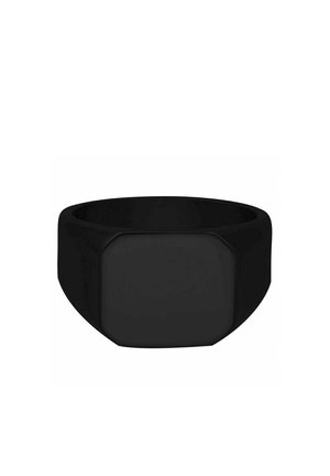 Black silicone smart ring with a rectangular touchscreen surface and a wide adjustable band.