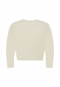 Beige, kurz geschnittenen Pullover mit langen Ärmeln, gerippter Textur am Saum und an den Bündchen, rundem Halsausschnitt und glattem Stoff ohne Muster oder Verzierungen.