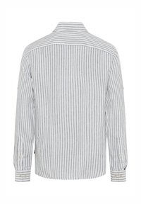 Striped long-sleeve shirt in white and light gray. Features a buttoned collar, cuff details, and a relaxed fit with a curved hem.