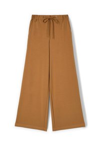 Camelkleurige wijde broek met elastische tailleband en trekkoordsluiting, voorzakken en rechte zoom.