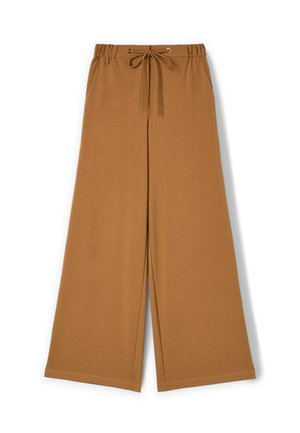 Pantaloni larghi color cammello con vita elastica e chiusura con cordino, tasche frontali e orlo dritto.