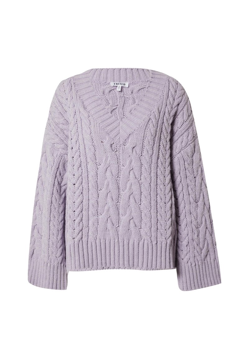 Lavender Strickpullover mit V-Ausschnitt, weiten Ärmeln und geripptem Saum. Hergestellt aus strukturiertem Strickstoff mit horizontalen Rippenakzenten.