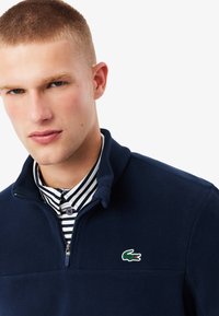 Pullover in pile blu navy con zip a metà, caratterizzato da un piccolo logo di coccodrillo verde e una camicia a righe con colletto indossata sotto.