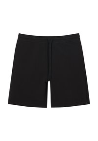Pantaloni corti neri casual con vita elasticizzata e cordino frontale, realizzati in tessuto morbido, con piccolo logo vicino all'orlo.
