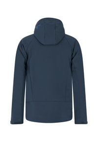Marineblauwe waterdichte jas met capuchon, voorzien van een gladde textuur, verstelbare manchetten en een rechte zoom. Subtiel logo op de achterkant.