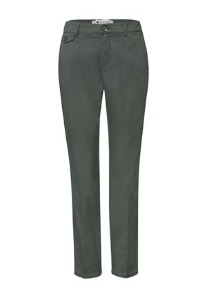 Pantalon féminin ajusté vert foncé avec bouton avant, fermeture éclair, passants pour ceinture et petit détail de poche à bouton sur la ceinture.
