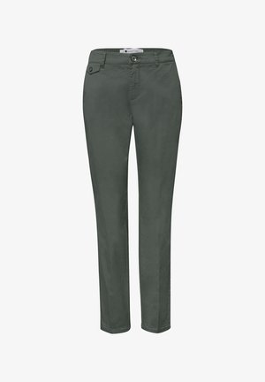 Tmavě zelené dámské kalhoty se zeštíhlujícím střihem, s předním knoflíkem, zipem, poutky na opasek a malou kapsou na knoflík na pasu.