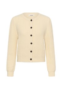 Auda krēms kardigāns ar ribu tekstūru, apaļu kaklu un sešām melnām pogām priekšpusē, ar garām piedurknēm un īsu dizainu.