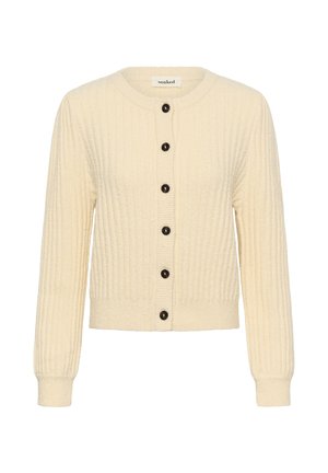 Pletený krémový kardigán s ribbed textúrou, okrúhlym výstrihom a šiestimi čiernymi gombíkmi na prednej strane, s dlhými rukávmi a skráteným strihom.