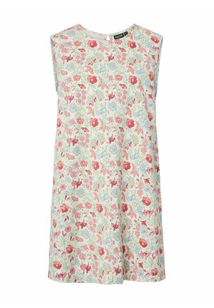 Robe sans manches longueur genou avec encolure arrondie, fond crème et motif floral rose, rouge et bleu.