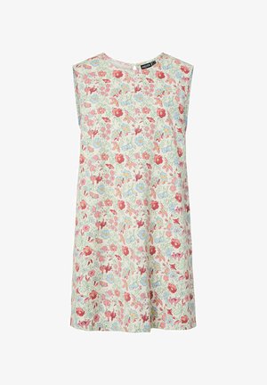 Haljina bez rukava do koljena sa okruglim izrezom, krem pozadina, uzorak cvijeća u ružičastoj, crvenoj i plavoj boji.