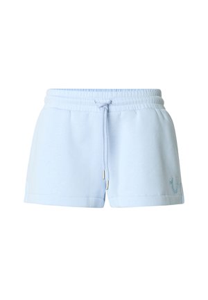 Shorts de survêtement bleu clair en tissu doux. Caractérisés par une taille élastique avec un cordon de serrage et un petit logo dans le coin inférieur.