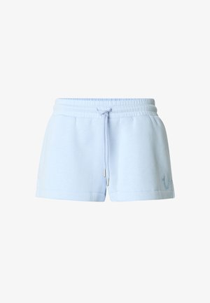 Shorts de survêtement bleu clair en tissu doux. Caractérisés par une taille élastique avec un cordon de serrage et un petit logo dans le coin inférieur.