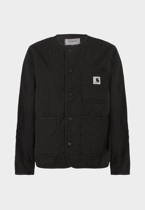 Quilted black jacket made from lightweight fabric, features a round neck, button fastening, and two front pockets. Includes a logo patch.