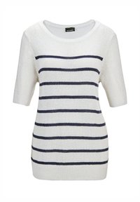 Weißer Kurzarmpullover mit navyblauen horizontalen Streifen. Weiche Stricktextur, runder Halsausschnitt, gerippter Saum und Bündchen, lässiges Design.