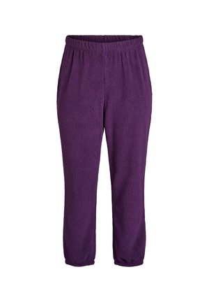 Purple fleece pants with elastic waistband and ankle cuffs, designed for a relaxed fit.