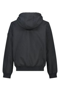 Schwarze Kapuzenjacke aus glattem Stoff. Verfügt über gerippte Bündchen und einen gerippten Saum, mit einem schlichten Design ohne sichtbare Akzente oder Beschläge.