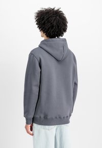 Felpa grigia con cappuccio regolabile, polsini e orlo a coste. Tessuto liscio, taglio che arriva leggermente sotto la vita.