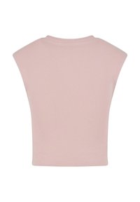 Ružový krátky crop top s okrúhlym výstrihom a širokými rukávmi, vyrobený z hladkého a elastického materiálu. Obsahuje jednoduchý, nezdobený dizajn.