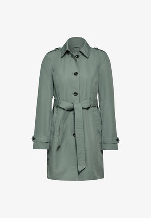 Cappotto lungo di colore verde chiaro con design doppiopetto, bottoni neri e cintura coordinata. Presenta spalline e polsini regolabili.