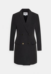 Svart dubbelknäppt blazer med slagkrage, dekorativa knappar i guldton och två framfickor. Skräddarsydd passform, slät tyg.