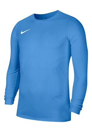 Niebieska sportowa koszulka z długim rękawem, okrągłym dekoltem i białym logo Nike Swoosh na prawej piersi.