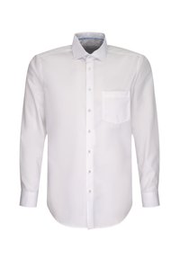 Camicia bianca a maniche lunghe realizzata in un tessuto liscia. Presenta un colletto a punta, una chiusura con sei bottoni sul fronte e una tasca sul petto sinistro.