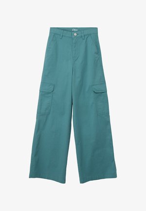 Turkusowe spodnie cargo z szerokimi nogawkami, wykonane z lekkiego materiału. Posiadają dwie boczne kieszenie oraz zapięcie na guzik z przodu. Gładka tekstura.