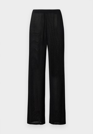 Pantaloni neri a gamba larga con una leggera lucentezza, dotati di vita elastica e orlo dritto.
